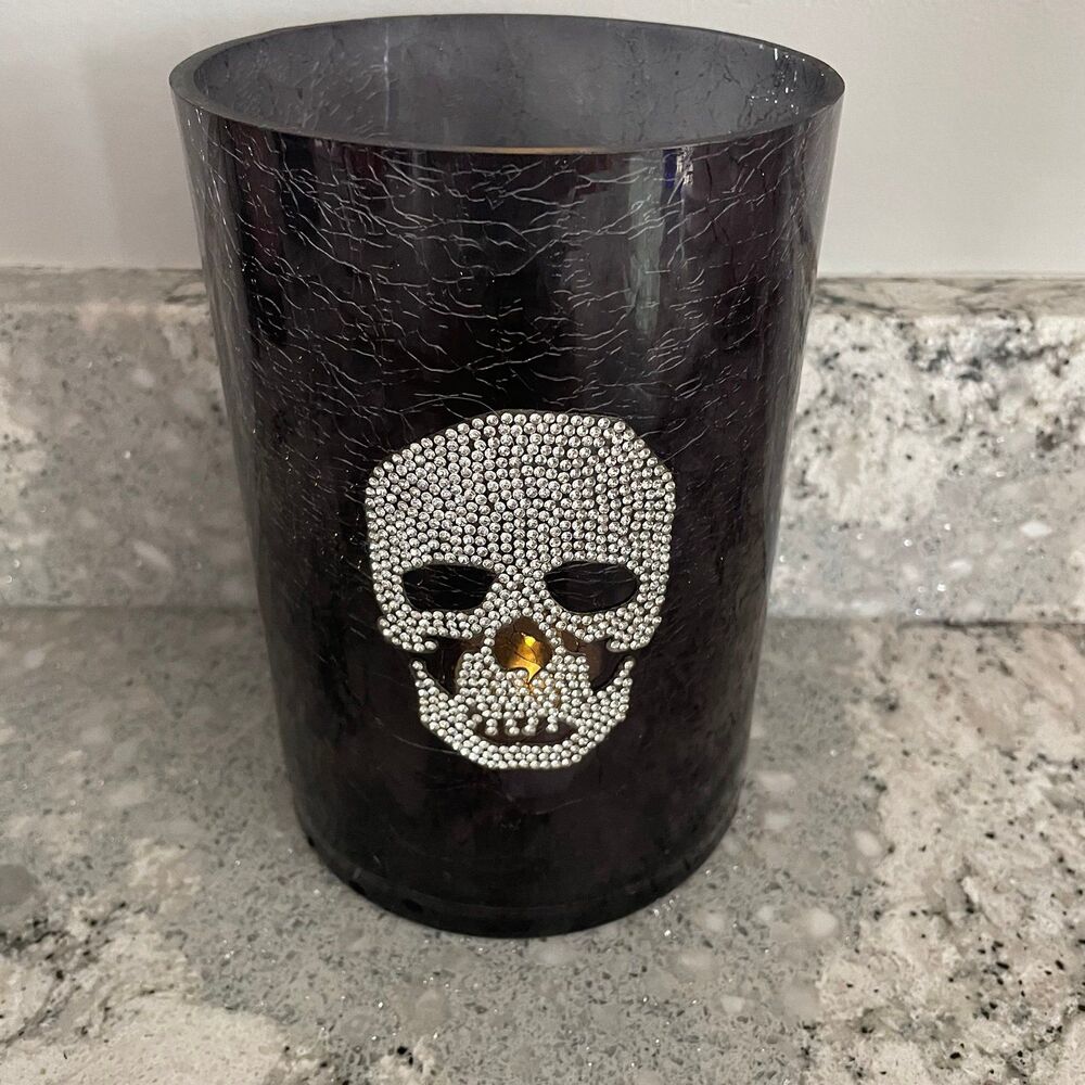 Yankee Candle Crackle Rhinestone Skull Halloween Glass Cylinder Candle Holder